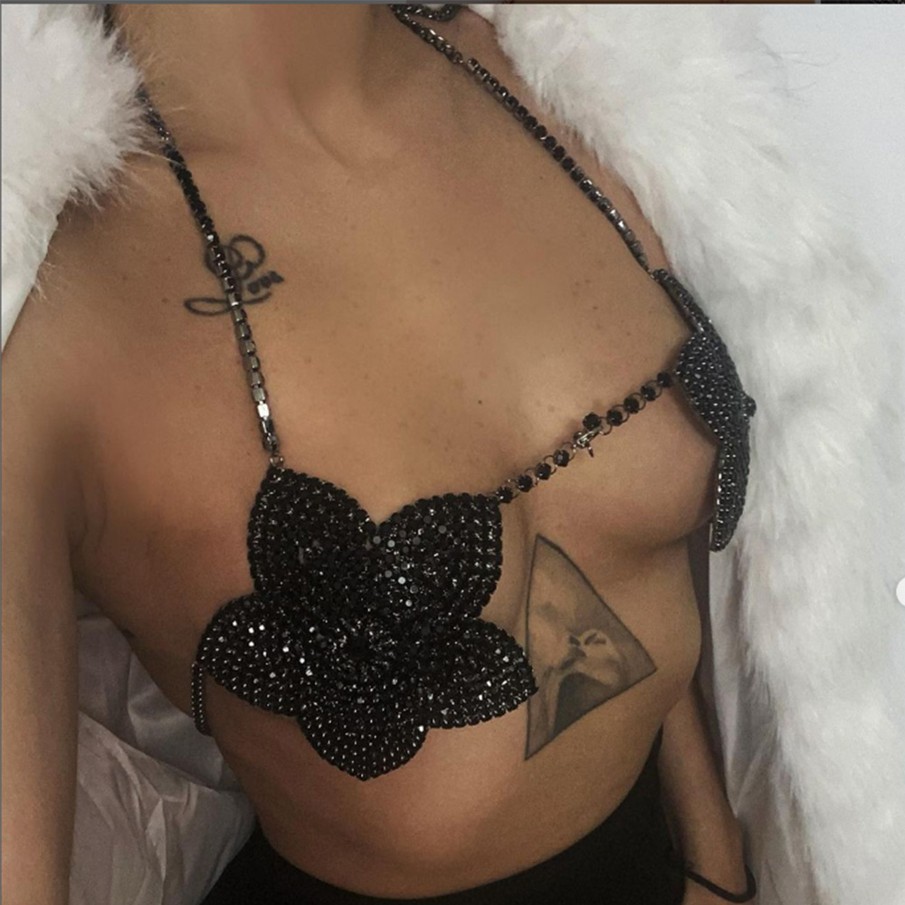 Women'S Fashion Harness - Steenmans Zwart Kristal Bloem Bh Steentjes
