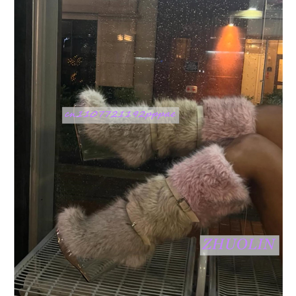 Women'S Fashion Leather Boots - Winter Gradiënt Harige Transparante Sleehak Laarzen
