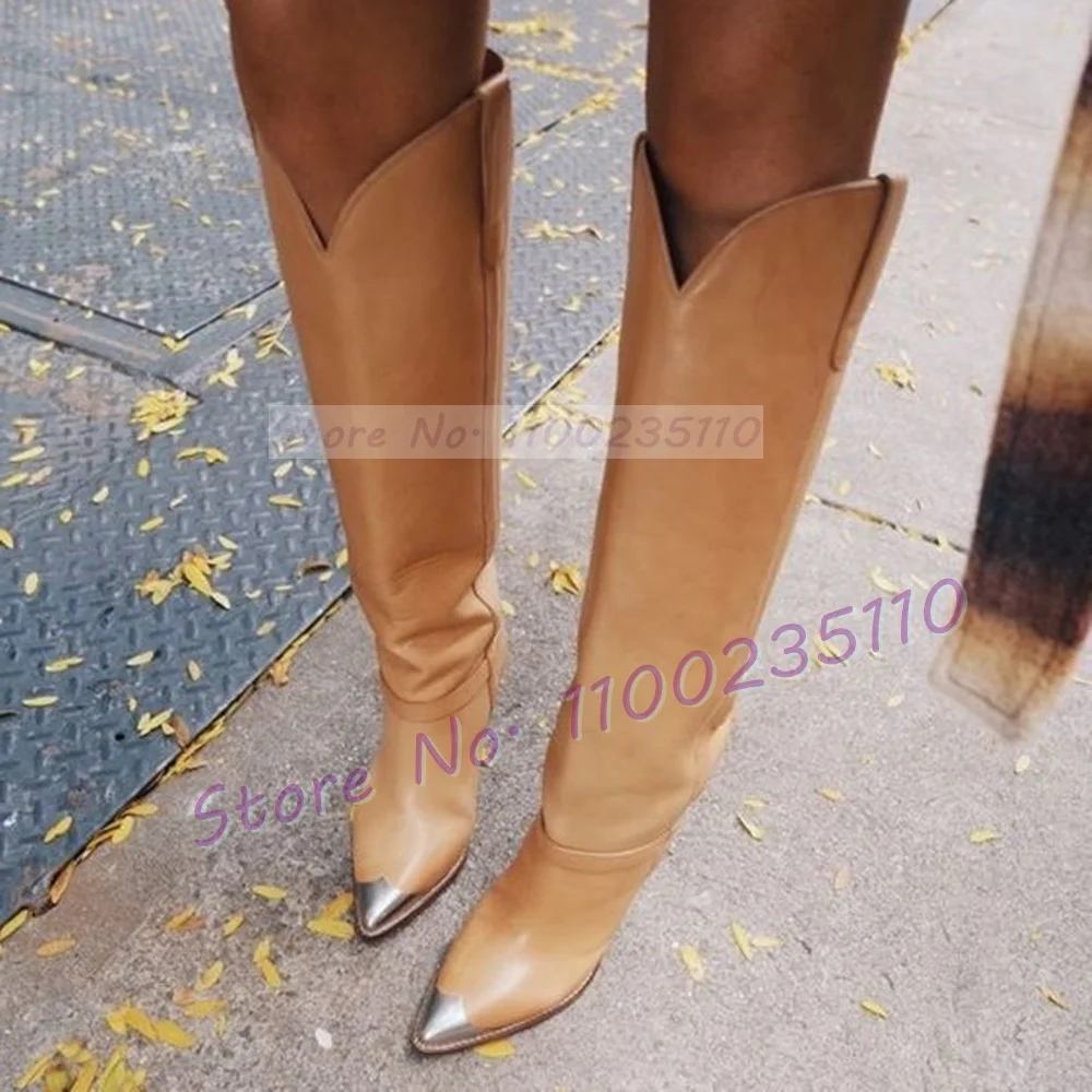 Winter Fashion Women Boots - Zilveren metalen neus Tan kniehoge laarzen