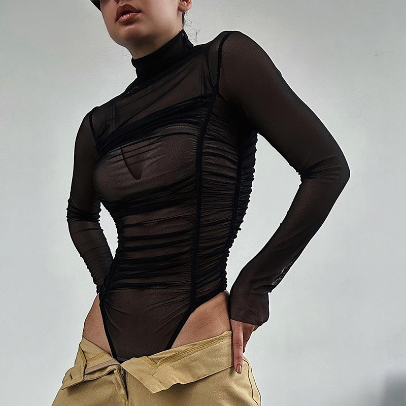 Turtleneck Bodysuit - Herfst 2023, mesh-slanke bodysuit met lange