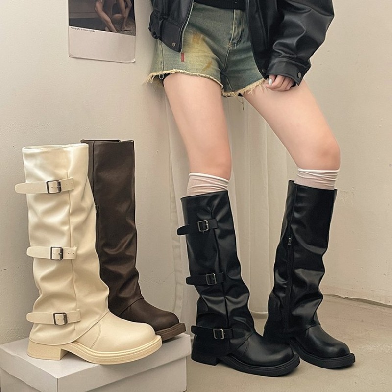 Women'S Fashion Leather Boots - Geplooide riemlaarzen voor dames, herfstbruin PU-leer,