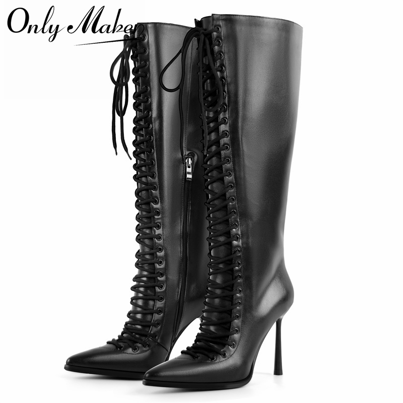 Women'S Fashion Leather Boots - Onlymaker puntige neus veters kunstleer kniehoge