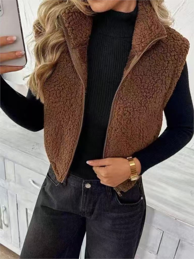 Women'S Fashion Gilet - Dames Pluche Vest Herfstmode Opstaande Kraag